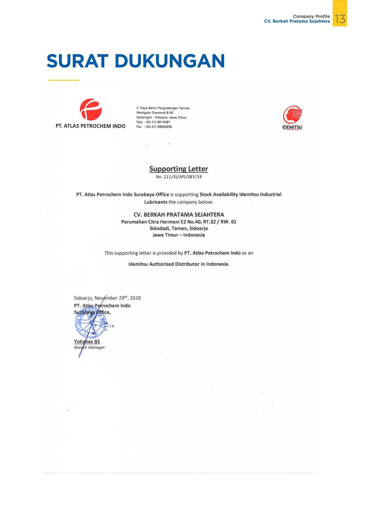 Surat Dukungan PT Atlas Petrochem Indo (Idemitsu)